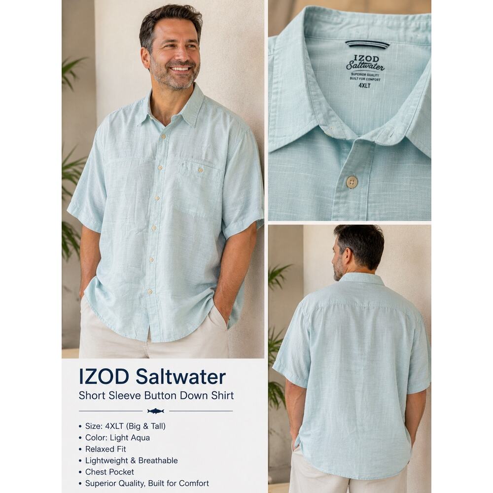 IZOD Saltwater 4XLT Aqua Short Sleeve Button Shirt Big Tall Lightweight